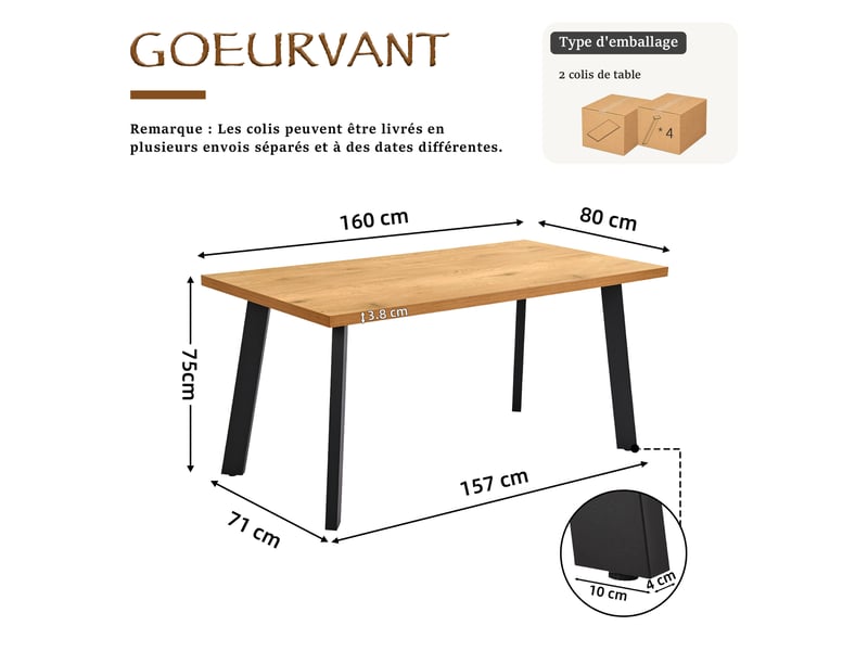 Table de salle à manger - plateau monobloc robuste et pieds évasés en métal avec patins réglables - chêne sauvage - Conforama C