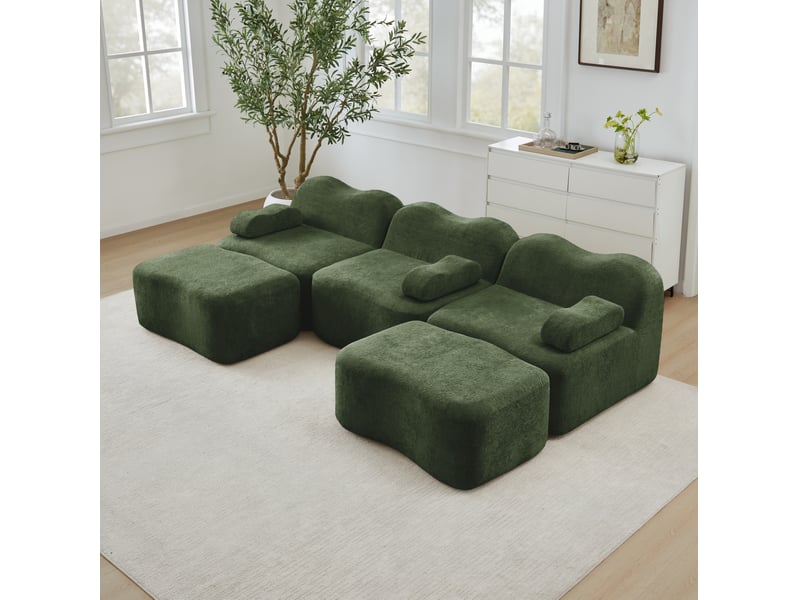  Canapé modulaire 3 places en u avec 2 ottomans en velours vert  - Conforama B