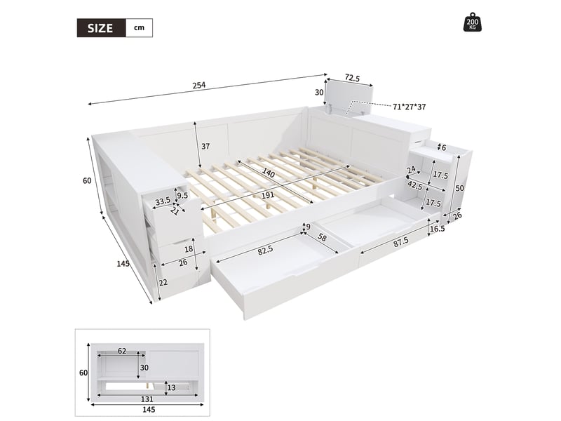  Modenvie lit coffre 140x190 cm - avec tiroirs, rangement latéral, sans matelas - pour chambre - blanc  - Conforama C