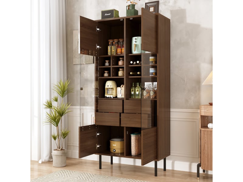 Vitrine - 75.5 x 35 x 164.5 cm - armoire de salon buffet vaisselier design bois de noyer avec vitre et tiroirs - marron  - Conforama D