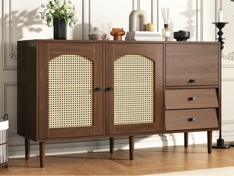 Meuble de rangement, buffet avec 2 portes en rotin, étagères réglables et 2 tiroirs, 130 x 75,5 x 40 cm, fermeture magnétique, pour salon et salle à manger - Conforama B