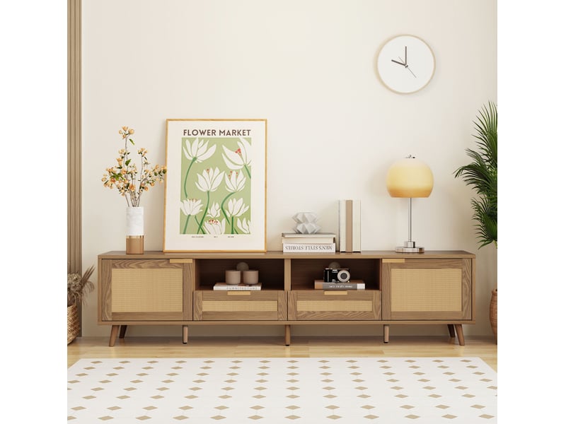  Meuble tv 200 x 37 x 49 cm, chêne, 2 portes, 2 tiroirs et détails en rotin  - Conforama E