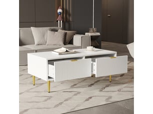 Table basse blanche moderne avec accents dorés, 2 tiroirs, rayures verticales - 100x50x40 cm, meuble salon