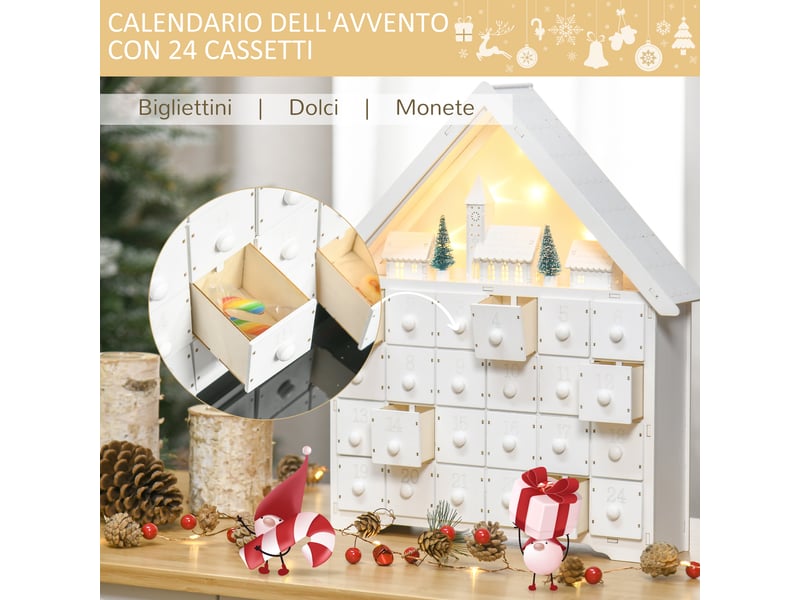  Calendrier de l'avent en bois à remplir, avec 24 tiroirs et village de noël décoré de sapins et de lumières,39 x 9 x 42 cm  - Conforama E