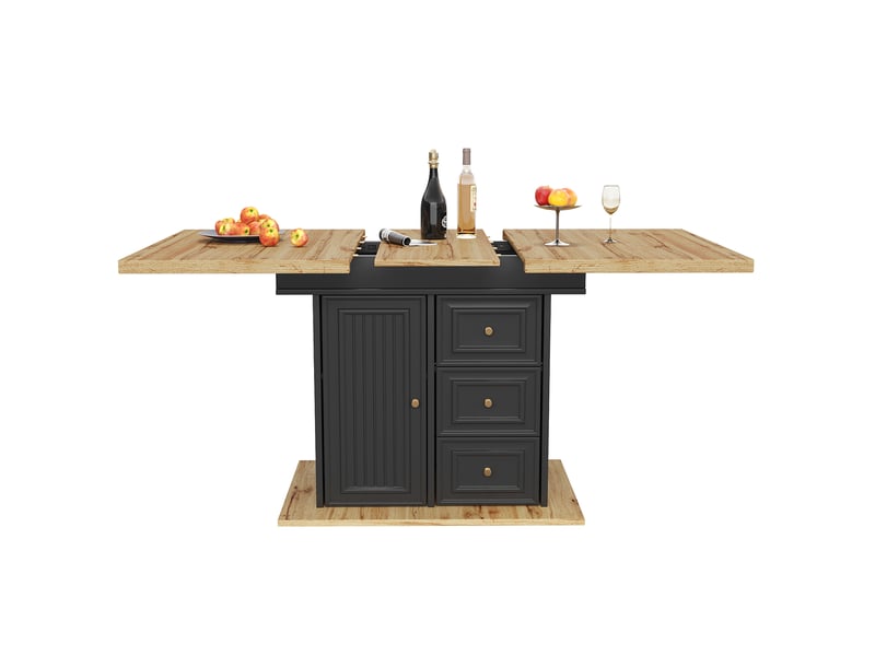  Table à manger extensible 110–140 x 80 x 75 cm, avec 2 tiroirs et 1 porte, plateau en bois pour 6 personnes, naturel  - Conforama A