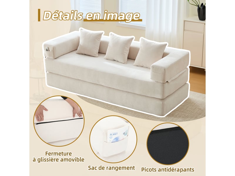  Canapé-lit convertible compressée modulable 3 places,198x79x60cm,avec poches latérales et base anti-glisse,chenille,beige  - Conforama E