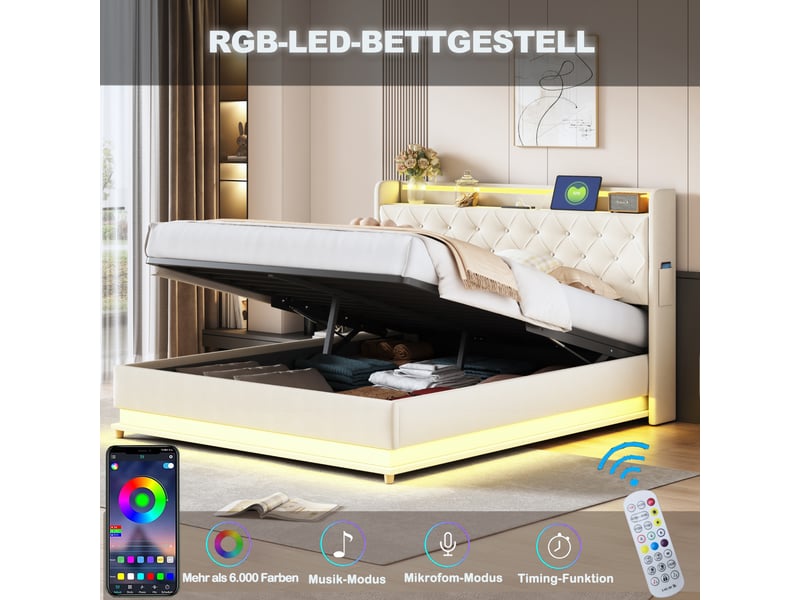  Lit capitonné led 160*200 cm beige, port usb et coffre hydraulique, tissu lin pour chambre  - Conforama E