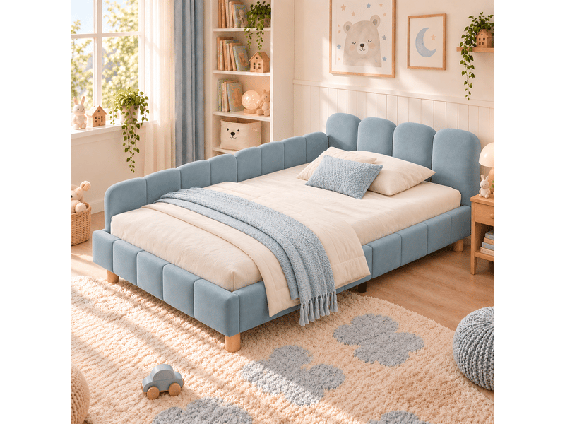  Lit simple bleu en velours, 90x200 cm, lit enfant avec tête ergonomique et rangement dans accoudoirs  - Conforama D