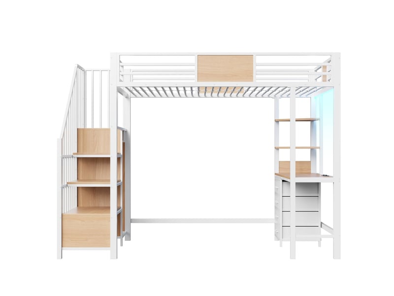  Lit mezzanine avec bureau 90 x 200 cm éclairage led lit 1 place structure en métal compartiments de rangement penderie prise intégrée structure surélevée  - Conforama A