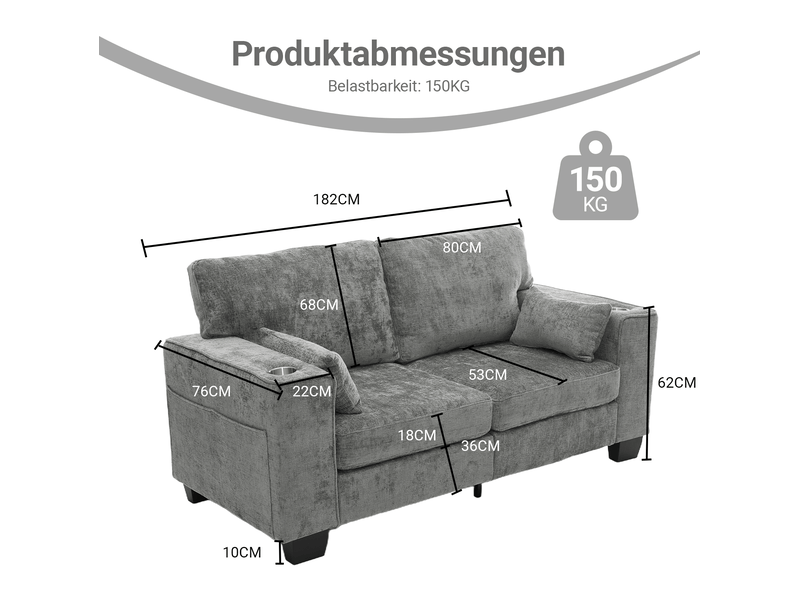  Canapé droit 2 places avec porte-gobelets et poches latérales, assise à ressorts en chenille gris foncé, 182 cm  - Conforama C