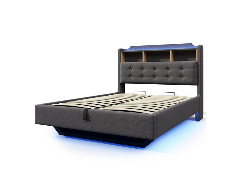  Lit capitonné 140 × 200 cm, gris, sans matelas, led, coffre hydraulique, usb type-c, lin  - Conforama A