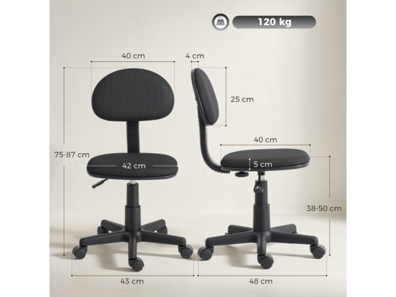  Chaise de bureau sans accoudoirs, réglable en hauteur, roulettes 360°, dossier bas, noir  - Conforama C