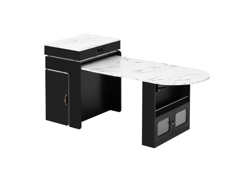  Îlot de cuisine à roulettes avec table extensible, prises, led, tiroirs, noir Jamama eleni - Conforama A