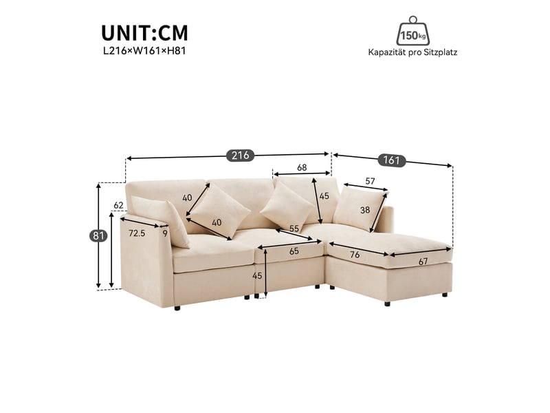 Canapé d’angle modulable 34 places en l 216x161x81 cm avec pouf amovible, 4 coussins, canapé en tissu chenille - beige - Conforama D