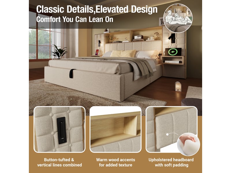 Lit coffre 180x200 cm - rangement hydraulique, tête de lit avec liseuses led, usb et type-c, chevets intégrés, tissu lin beige - Conforama D