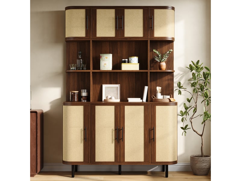  Buffet et enfilade avec 8 portes tressées, poignées noires et pieds en fer pour salon en mdf 120×20×180 cm noyer  - Conforama C