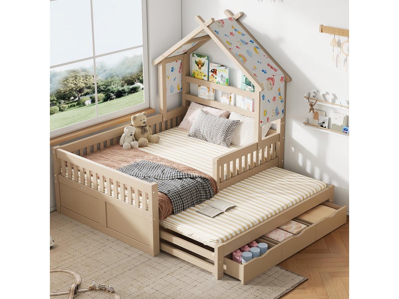  Lit cabane enfant, lit gigogne double 140x200 cm avec 3 tiroirs de rangement et barrières de sécurité, style montessori, crème  - Conforama B