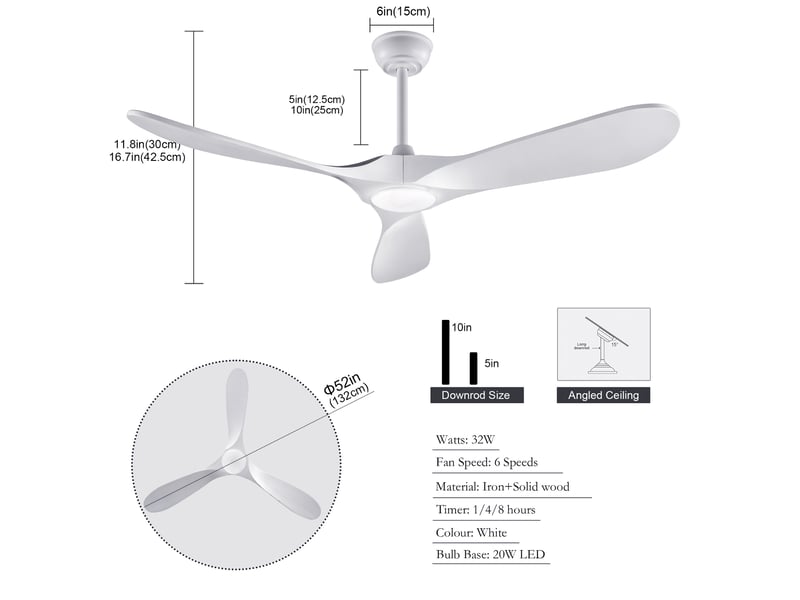  Ventilateur de plafond 52 pouces blanc avec led, télécommande, 3 pales en bois, réversible, 6 vitesses  - Conforama C