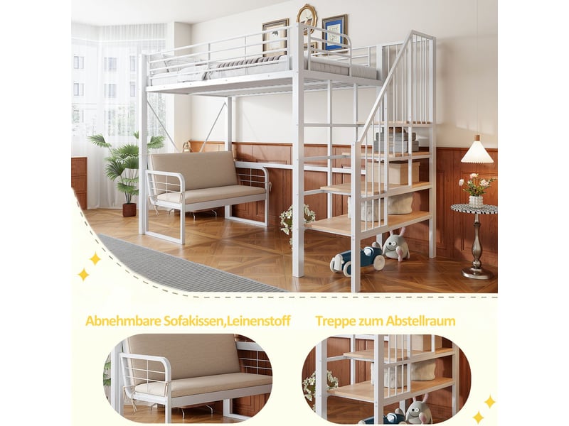  Lit mezzanine 90x200 avec escalier rangements - lit simple - canapé convertible déhoussable design métal blanc robuste gain de place  - Conforama D
