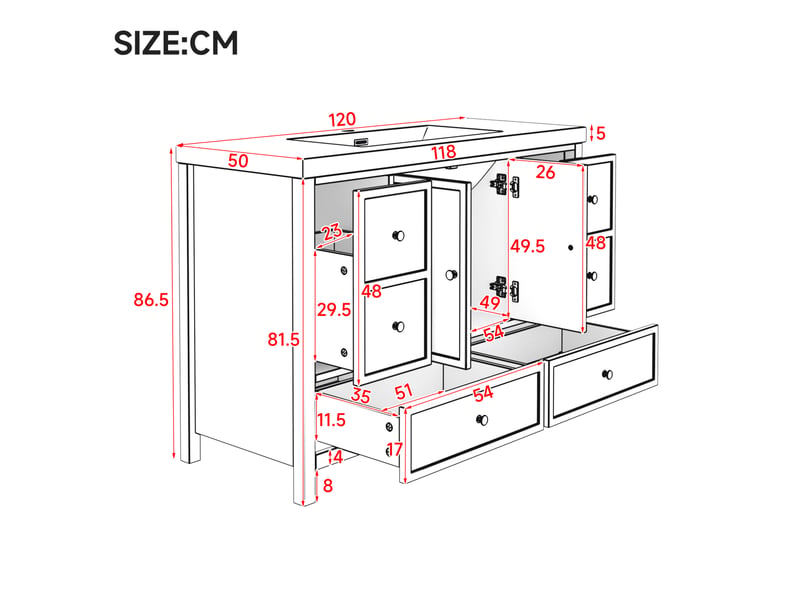  Meuble vasque de salle de bain 120x50x86.5 cm blanc avec 4 tiroirs et 2 portes  - Conforama C