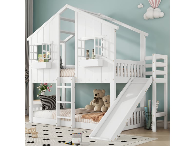  Lit superposé enfant 90x200 cm blanc avec toboggan, toit et fenêtres  - Conforama B