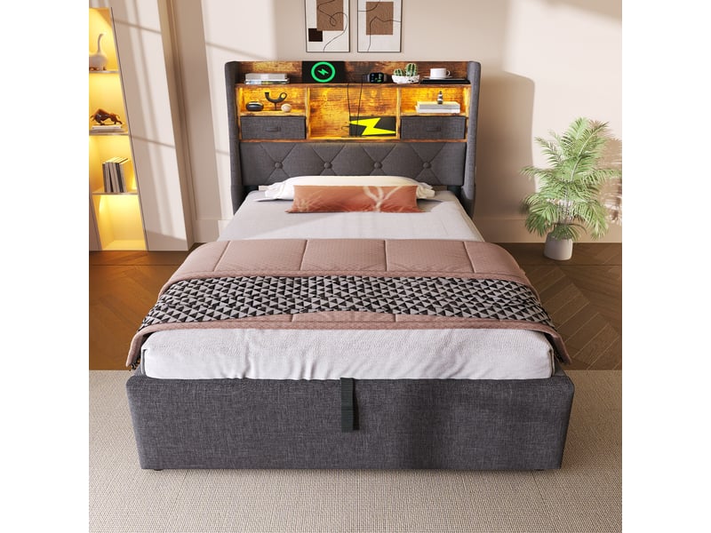  Lit coffre, lit simple 90x200 cm en lin gris avec rangement hydraulique, led, 3 ports usb et type-c, matelas inclus  - Conforama B
