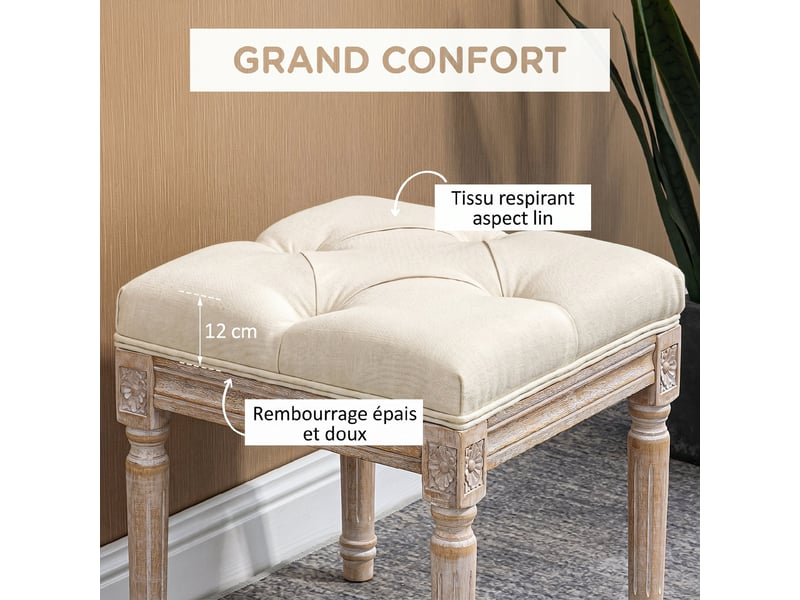  Repose pied salon, ottoman, siège rembourré en tissu aspect lin avec pieds en bois d'hévéa, beige, 40 x 40 x 43 cm  - Conforama E