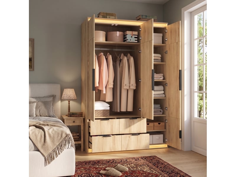  Armoire 135x47x200 cm avec miroir et led, 1 tringle, 4 tiroirs, mdf, couleur bois  - Conforama E