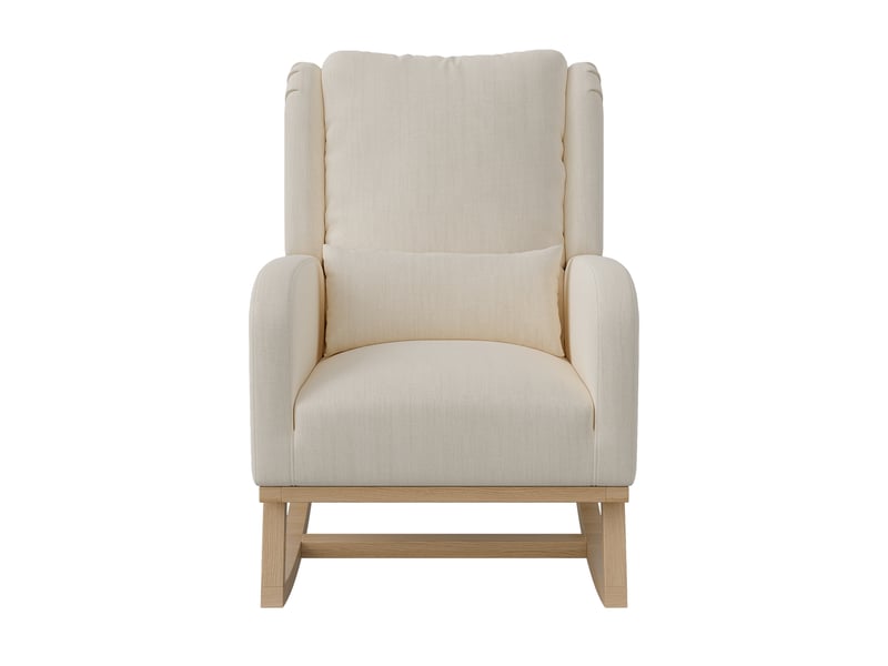 Fauteuil à bascule - 93 x 70 x 96 cm - beige - en tissu lin - chaise à bascule confortable avec coussin lombaire et pieds en bois - Conforama A