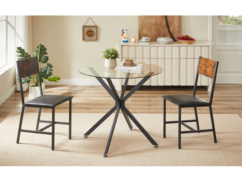  Table de salle à manger avec plateau en verre trempé et pieds métalliques réglables pour cuisine, salon ou bureau, noire  - Conforama D