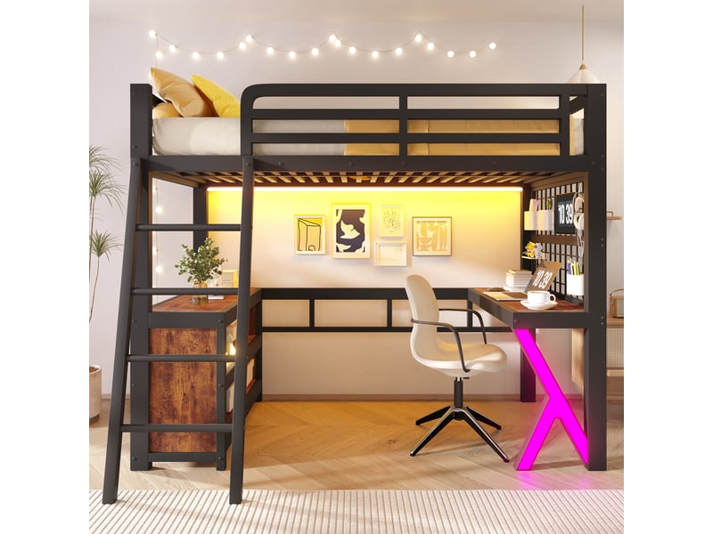 Lit mezzanine 90x200 cm avec bureau, led violette, armoire de rangement, métal et mdf, noir OMNIGLINT TRADING LTD - Conforama D