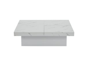 Table basse contemporaine carrée blanche 90x90 cm effet marbre, plateau coulissant, 4 tiroirs - design moderne