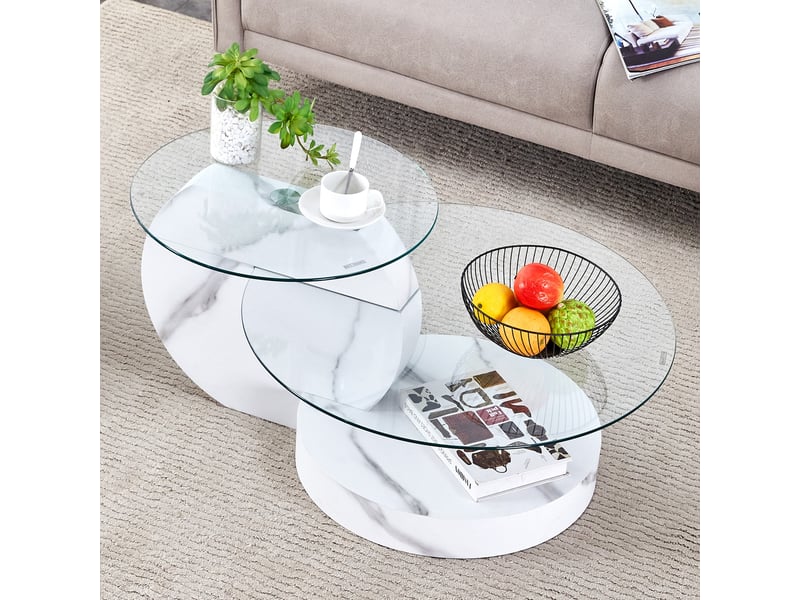  Table basse - 90x51x44cm - en verre trempé &amp; mdf - table de salon multiniveau finition noyer - blanc  - Conforama C