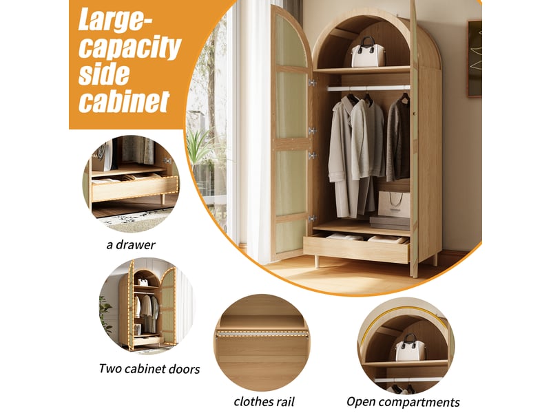  Armoire penderie avec tringle et tiroirs portes en rotin coloris naturel 80x50x179 cm GL8423D - Conforama E