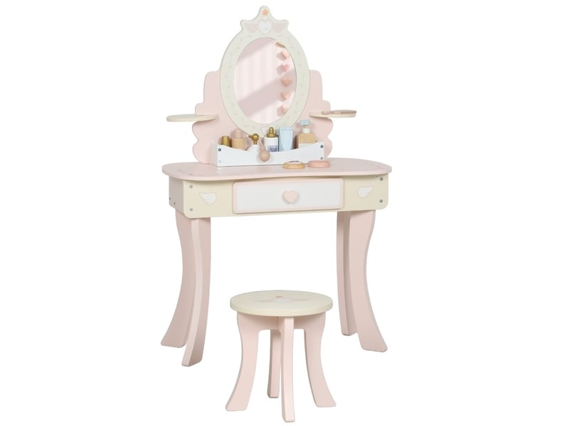  Coiffeuse enfant avec tabouret 59,8 x 29,6 x 89,8 cm - rose - miroir amovible et 7 accessoires  - Conforama A