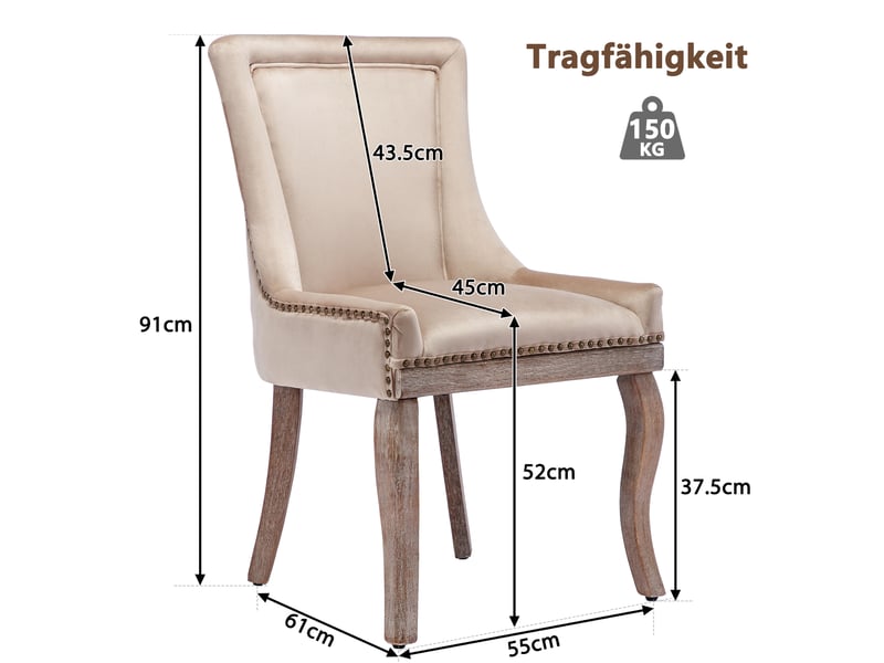 Lot de 2 chaises de salle à manger velours beige, pieds bois massif, clous décoratifs, pour cuisine et séjour  - Conforama C