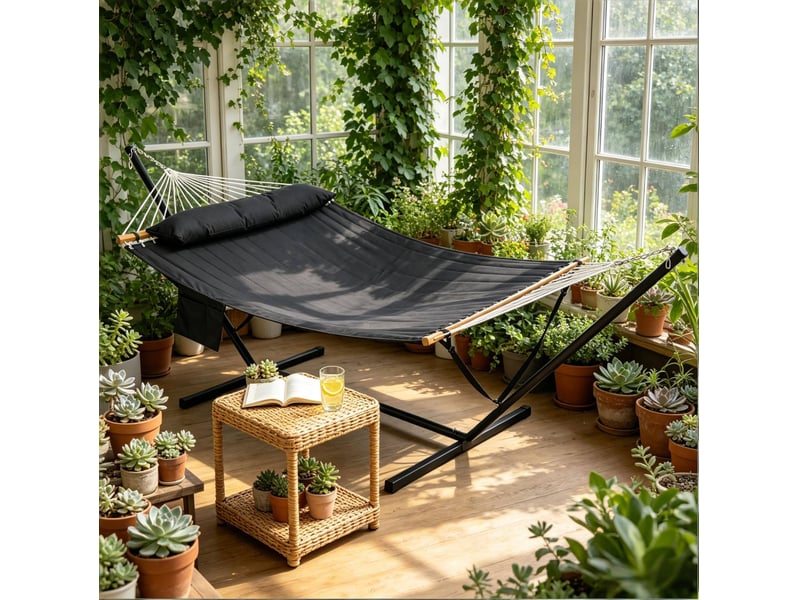  Hamac double avec support en métal anthracite, toile double épaisseur et coussin, pour intérieur et extérieur  - Conforama E