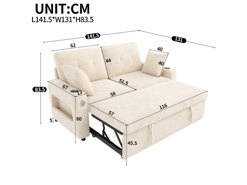  Canapé-lit tcqpz 2 places convertible 141,5 x 131 x 83,5 cm led usb type-c chenille beige  - Conforama C