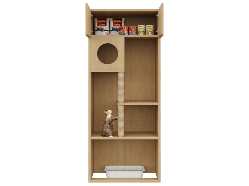  Meuble cache-litière 80 x 45 x 193 cm, rangement multifonction avec poteau à griffer, plateformes et espace repos, aspect bois naturel  - Conforama A