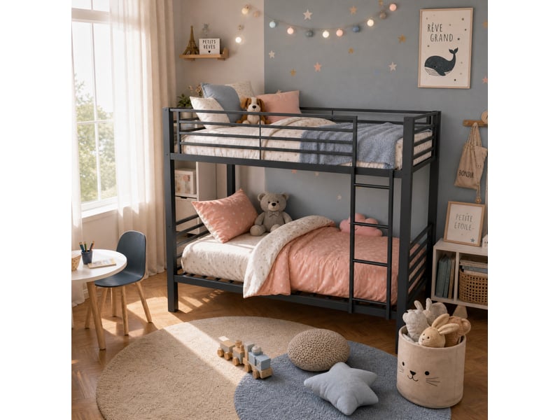 Lit superposé 90x200 cm avec échelle réversible noir, en métal, sans matelas - Conforama B