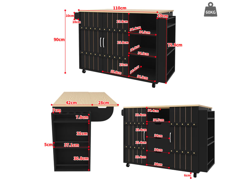  Îlot de cuisine 110x42x90 cm avec plateau rabattable, rangements et roulettes, mdf noir  - Conforama C
