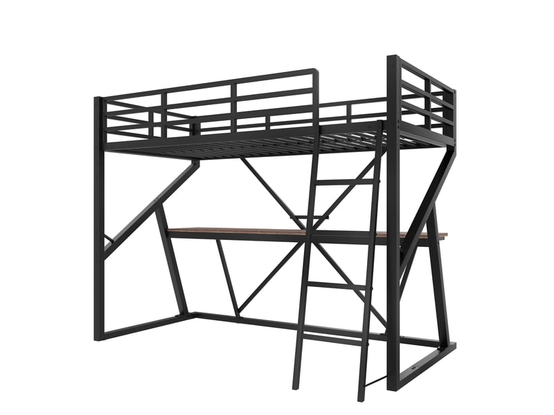  Lit mezzanine noir 90 × 200 cm, cadre métal, bureau, led, escalier et garde-corps  - Conforama E