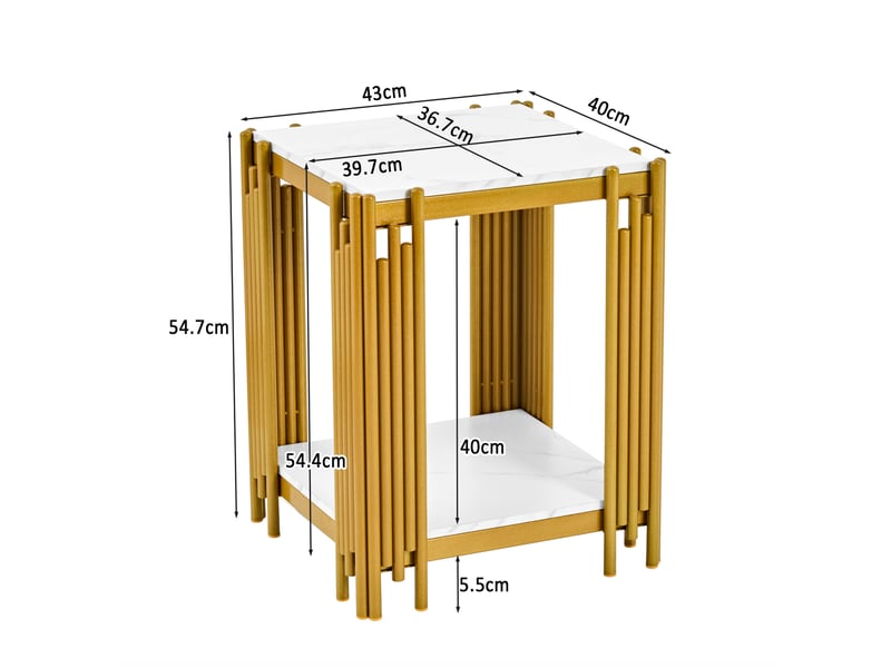  Table de chevet à 2 étagères ouvertes, mdf effet marbre et métal doré, pour chambre, salon ou entrée 43 × 40 × 54,7 cm  - Conforama C
