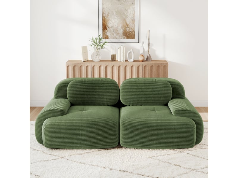  Canapé modulable 2 places 208 x 103 x 75 cm, mousse 32d, sans montage, accoudoirs courbés, base antidérapante, velours côtelé vert Sol Morn - Conforama B