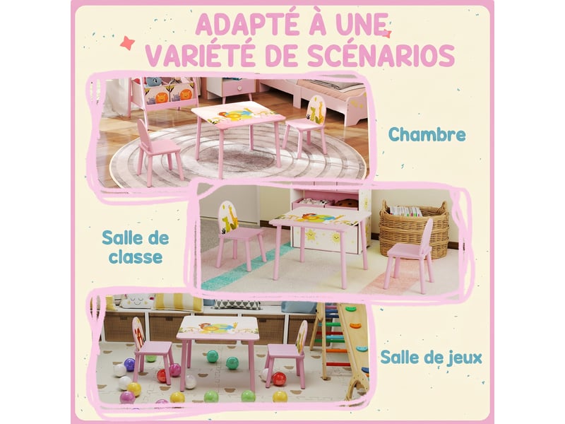  Table enfant avec chaise, ensemble table et 2 chaises en bois pour dessiner, jouer, rose, étudier  - Conforama R