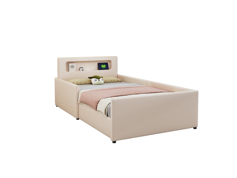 Lit enfant 90x200 cm avec led, tiroir, port usb, sommier, cuir artificiel beige, sans matelas - Conforama A
