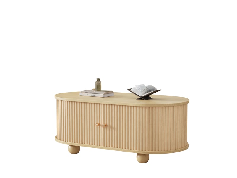 Table basse 100x50x40 cm, design ovale, porte coulissante à rayures verticales, mdf, couleur bois - Conforama A