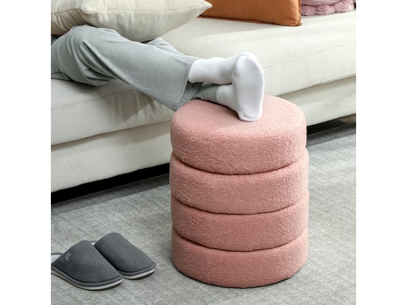  Repose pied salon, tabouret ottoman rond rembourré en peluche teddy, pour chambre à coucher, entrée, ø 40 x 45 cm, rose  - Conforama R