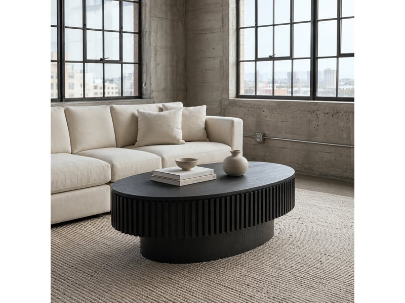  Table basse ovale cannelée noir mat 98 cm, placage bois massif, rangement caché  - Conforama B