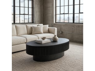 Table basse ovale cannelée noir mat 98 cm, placage bois massif, rangement caché